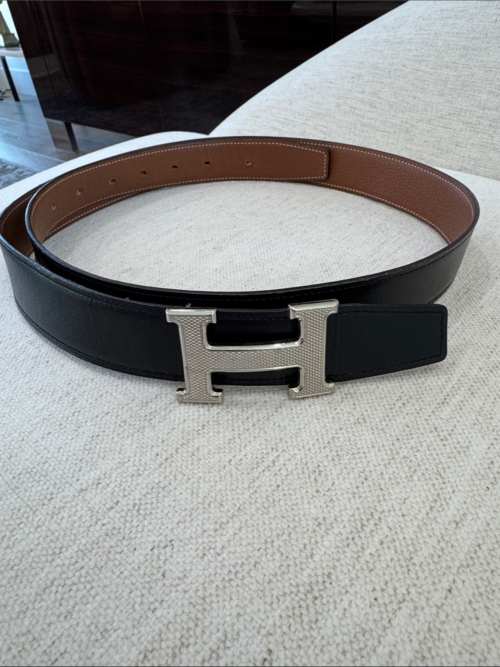 Black Reversible Leather Belt with Silver 'H' Buckle
